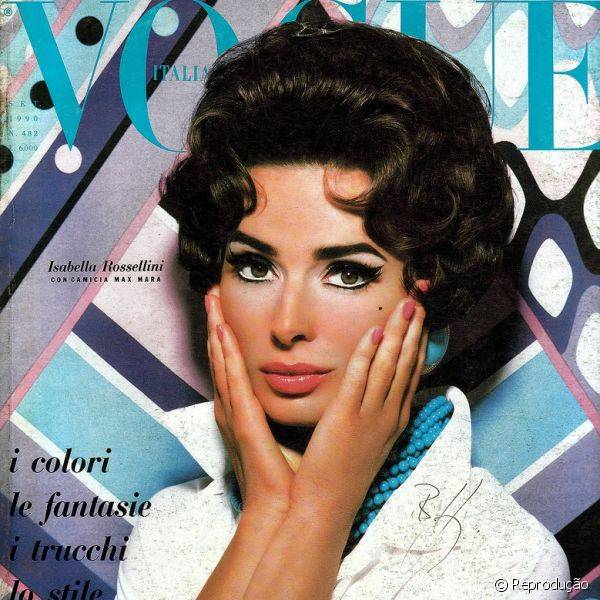 Para esta capa da Vogue Itália, Isabella Rossellini usou um gloss em tom de rosa escuro nos lábios e delineado super destacado e linha d'àgua branca